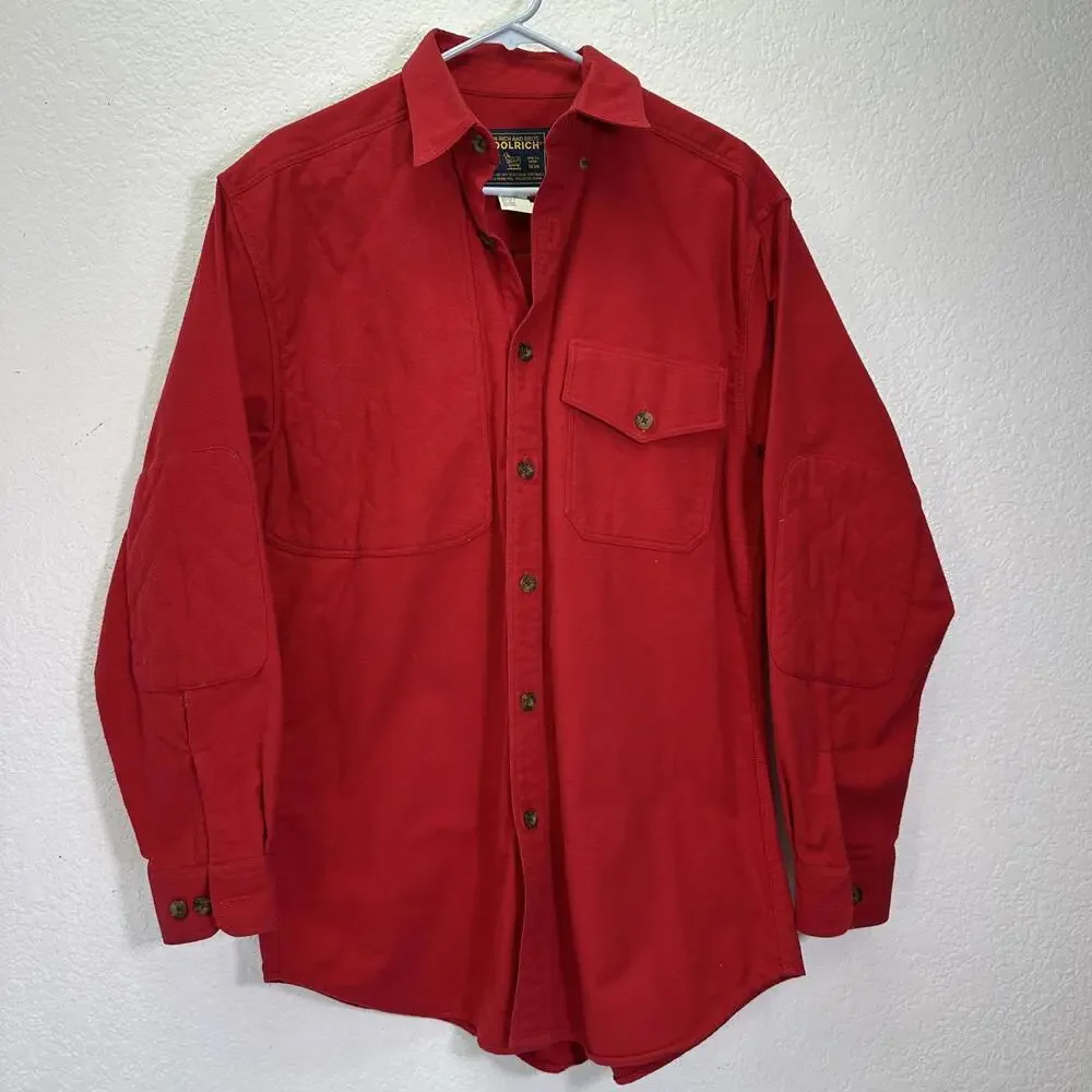 Vtg Men’s Medium Woolrich Red Cotton Flannel Shirt Padded Elbows Long Sleeve - Picture 1 of 5